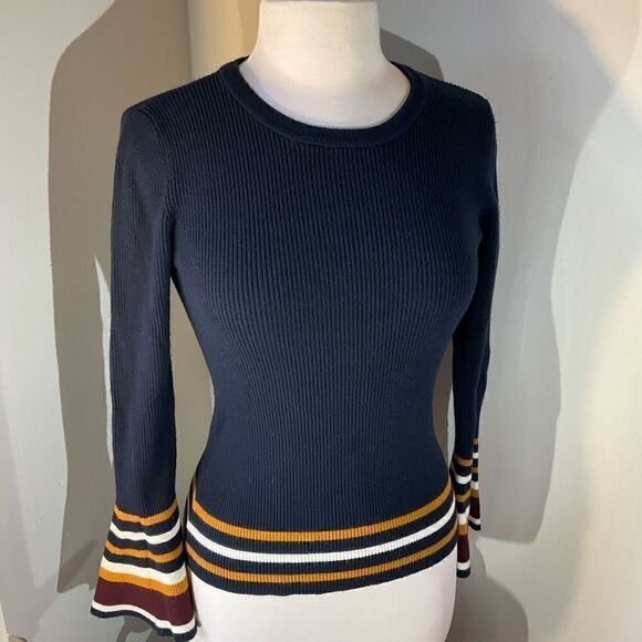 Marled Bell Sleeve Ribbed Contrast Sweater, M, Navy - Picture 8 of 14